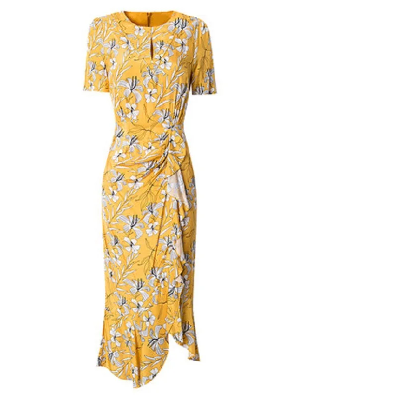 

summer runway 2021 new printing Chiffon Asymmetry dress Women short Sleeve ladies long party dresses Plus Size sexy club Dress