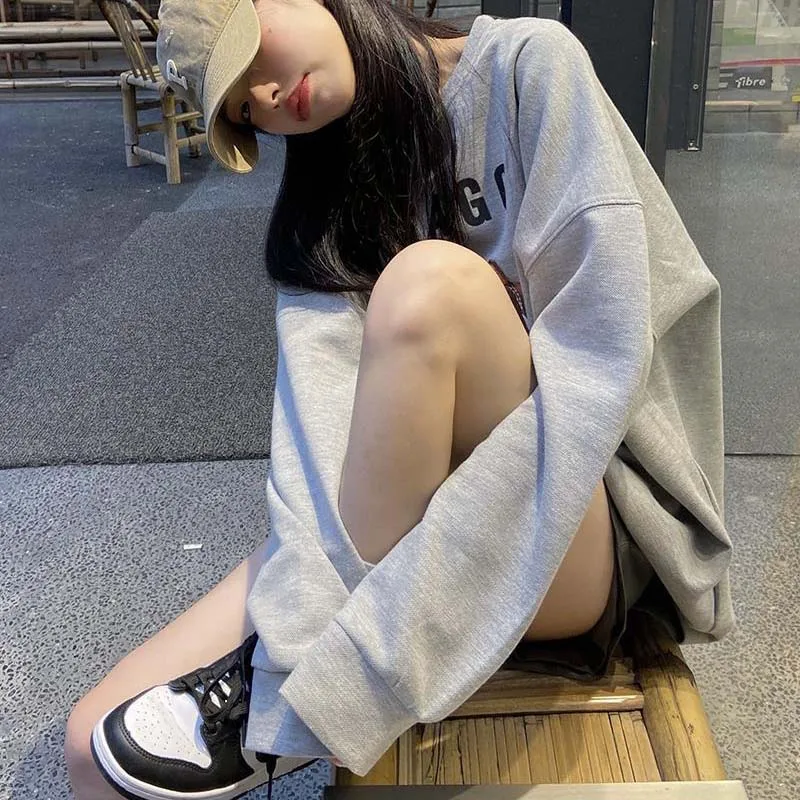 Осенне-зимние серые свитшоты женские повседневные свободные оверсайз с рисунком