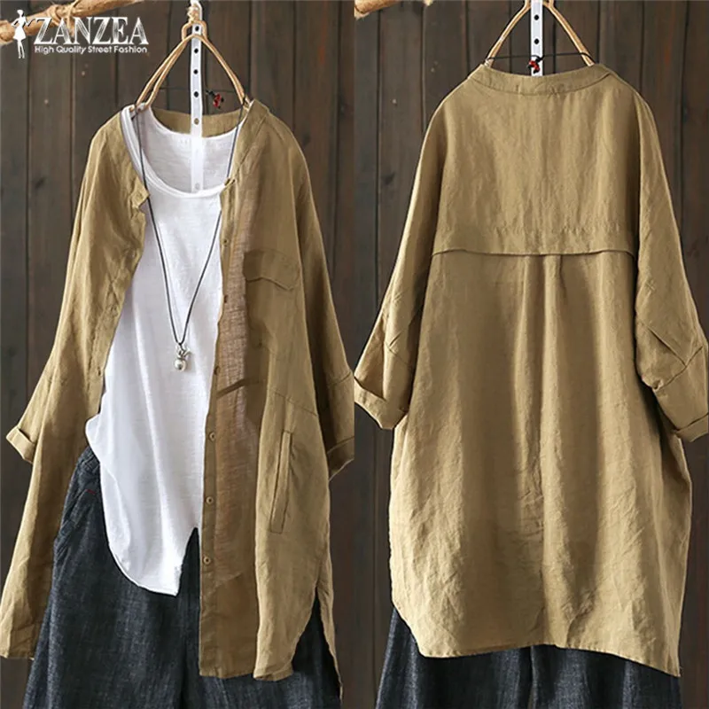 

Womens Shirts 2021 ZANZEA Vintage Cotton Tunic Casual Long Sleeve Shirt Button Cardigans Female Soid Patchwork Tops Plus Size