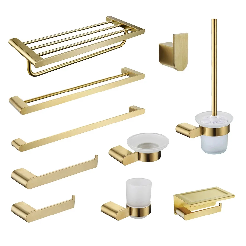 

Brushed Gold Bathroom Accessories Hardware Towel Rack Paper Holder Soap Dish Toilet Brush Towel Bar Tooth Cup Stainless Steel