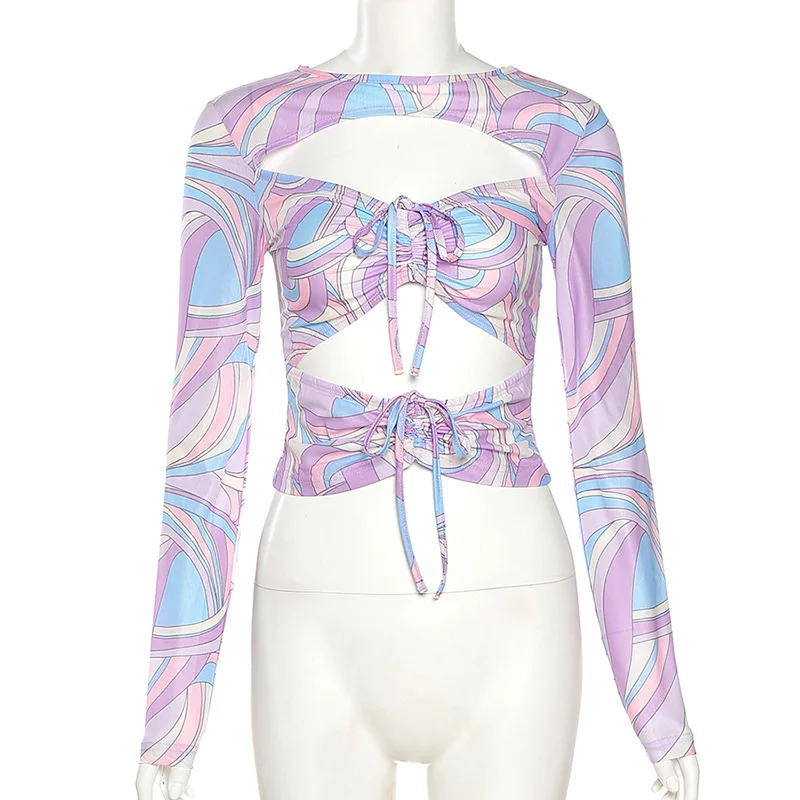 

2021 New Skinny Top For Women's Full Sleeve Print V-neck Hollow Out Mini Shirt Purple Tops For Girls Harajuku Style Of 90s