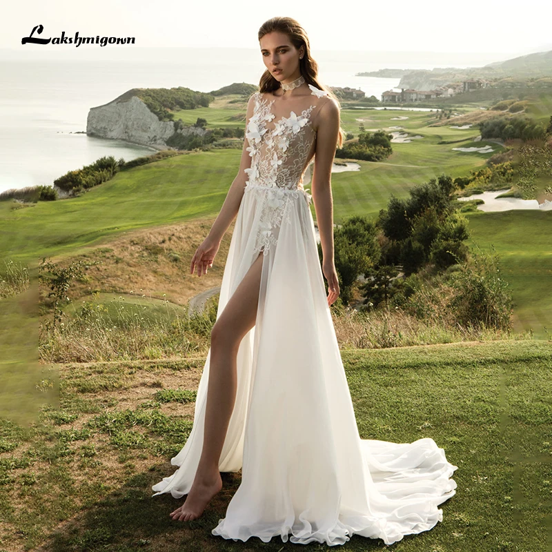 

Кружевное свадебное платье Lakshmigown в стиле бохо, пикантное пляжное шифоновое платье-трапеция с 3D цветами и высоким разрезом для невесты