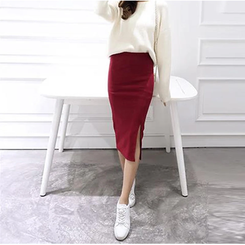 

Autumn Winter Bodycon Skirt Women Split Skirt Mid Calf Slim Pencil Skirts For Women Female Knit Hip Sexy Skirt