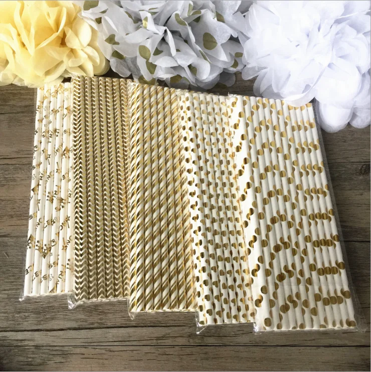 

25pcs Foil Gold Silver Stripe Dot Star Paper Straws For Kids Birthdays Party Decoration Wedding Christmas Creative Party Favors