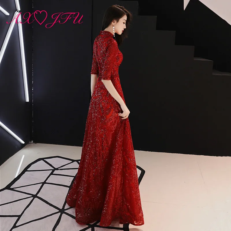 

AXJFU luxury princess wine red lace bride evening dress vintage v neck sparkly half sleeve beading black lace evening dress