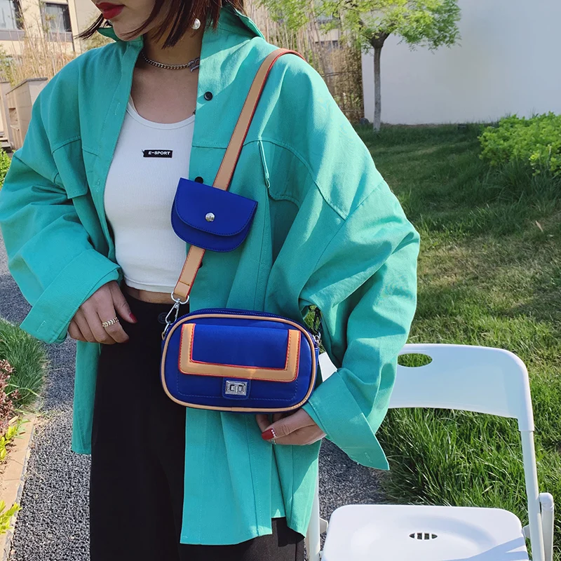 

Fashion Blue women shoulder bag luxury designer wide strap Crossbody bag chain Sling bag pu leather ladies 2 bag set wallet