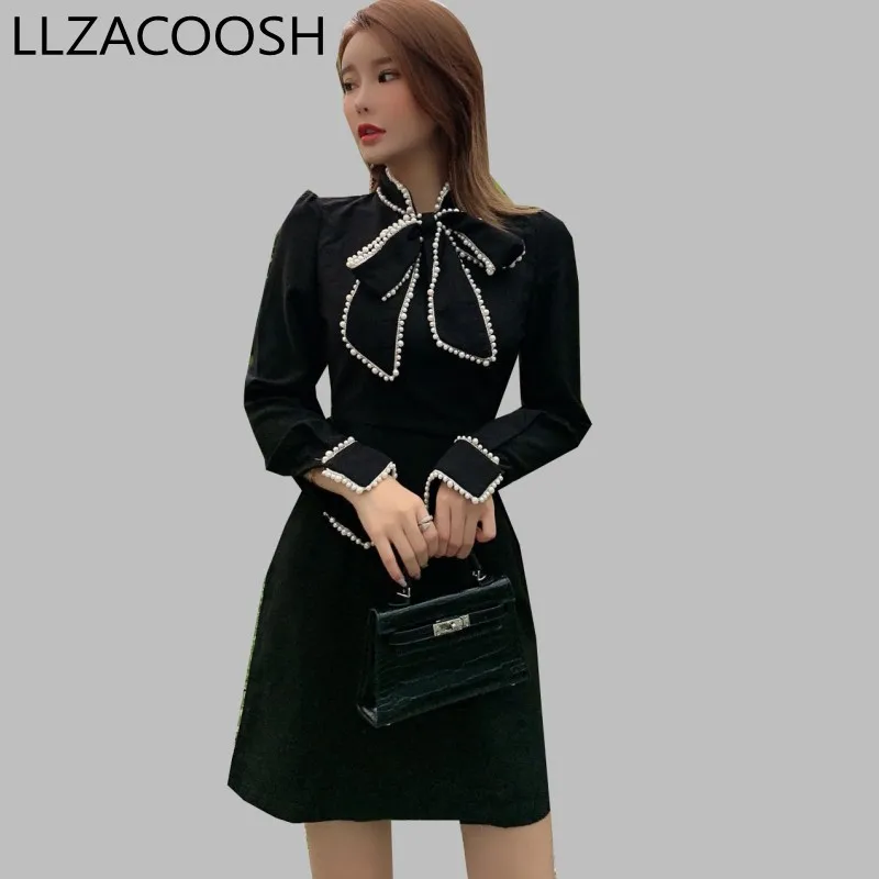 Роскошное женское вечернее платье 2019 осень черное Бисероплетение Лук с длинным