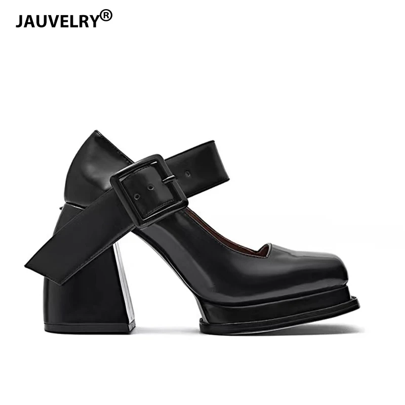 

2021 Mary Janes Shoes Women Black Fashion New Brand High Heels Woman Square Toe Loafers Retro Pumps Platform Shoes Women