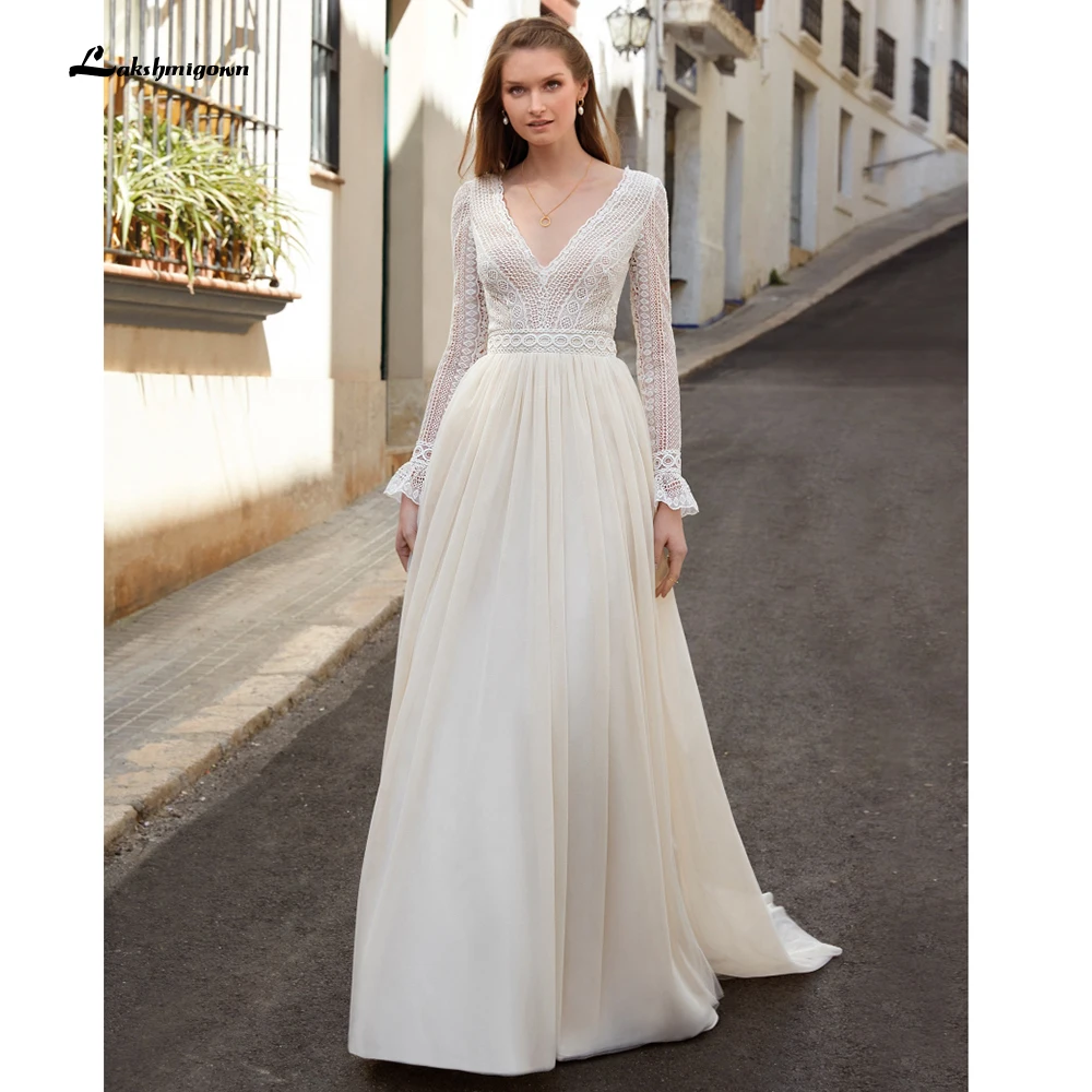 

Очаровательное богемное свадебное платье цвета шампанского кружевное мягкое Тюлевое платье с длинным рукавом и открытой спиной платья нев...