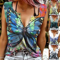 women fashion summer v neck digital printing pullover sexy casual vest loose butterfly print sleeveless t shirt