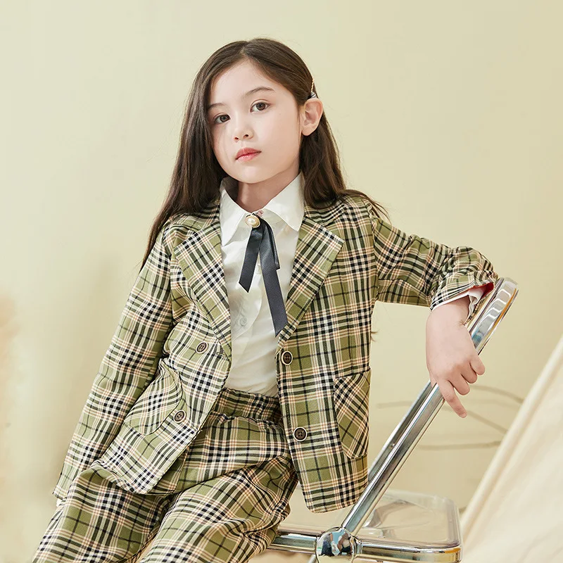 

Детский костюм из двух предметов, клетчатая куртка и прямые брюки для маленьких девочек, осень 2021