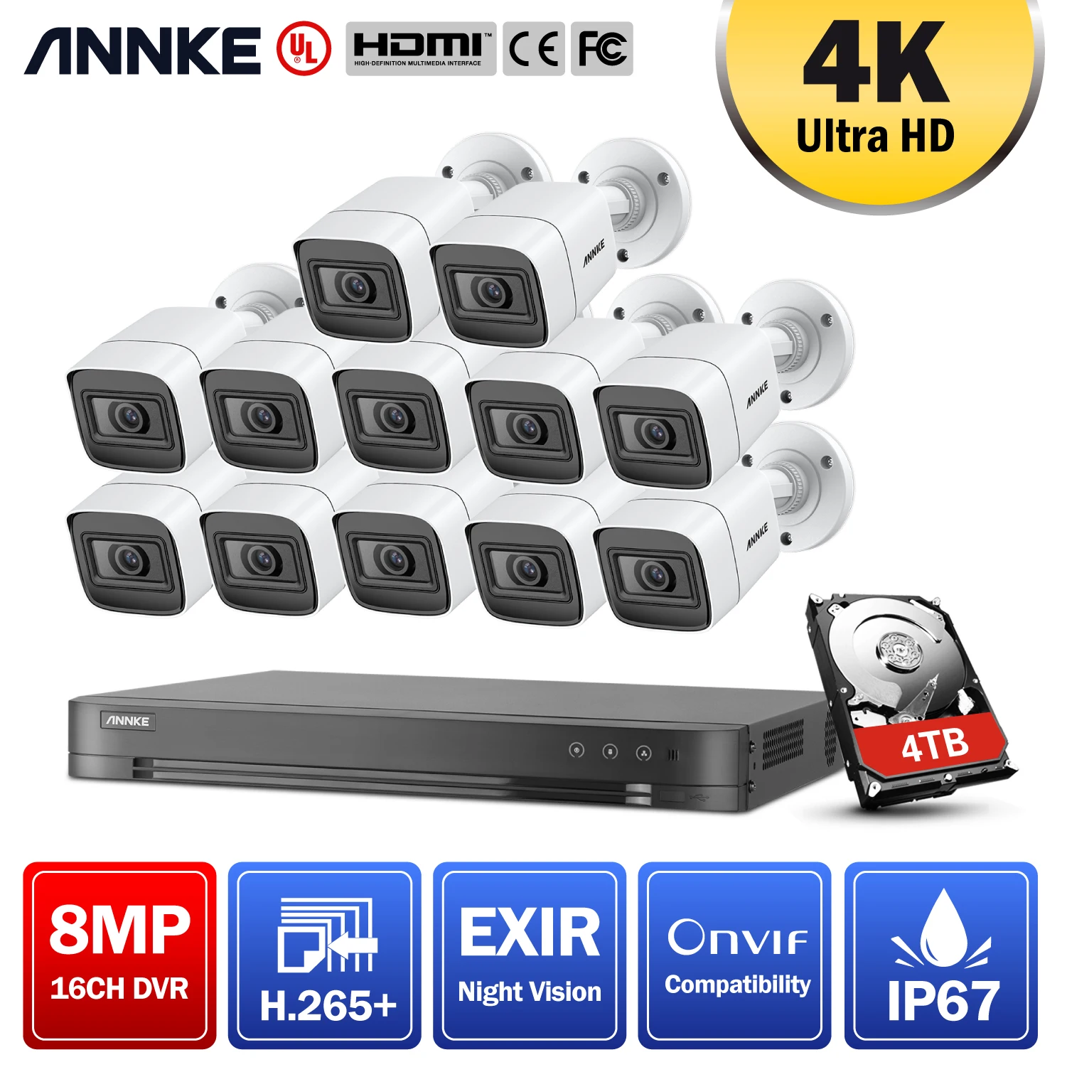 

Система видеонаблюдения ANNKE, 4K, 16 каналов, HD, IP67