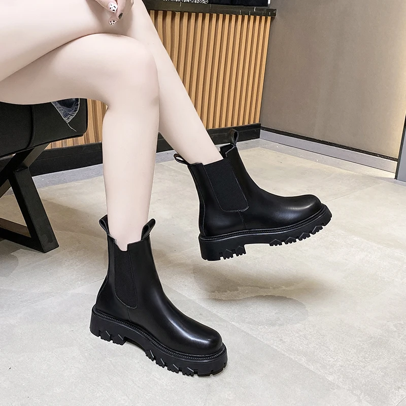 

Осенние ботинки из натуральной кожи для женщин, ботинки челси на платформе, весенние ботинки из воловьей кожи, модные женские черные ботинк...