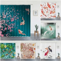 japanese scenery shower curtains koi carp fish and cherry blossom for bathroom decor set washable fabric bath screen with hooks