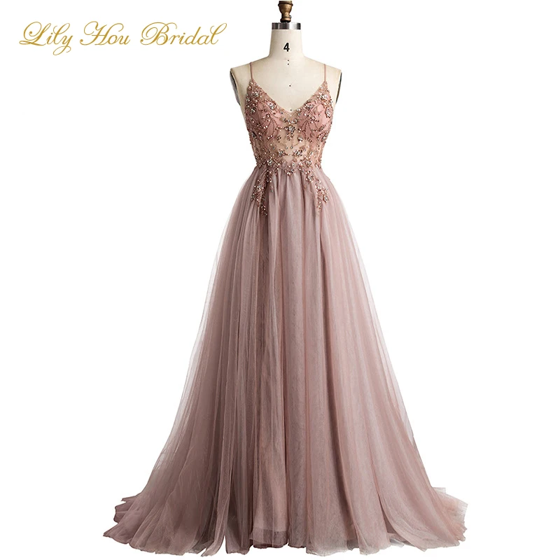 

Prom Dresses 2020 Exquisite Beaded Illusion Top Spaghetti Straps Nude Tulle Evening Party Gowns