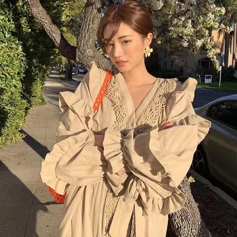 Женское винтажное платье с рюшами кружевное длинное туника длинными рукавами