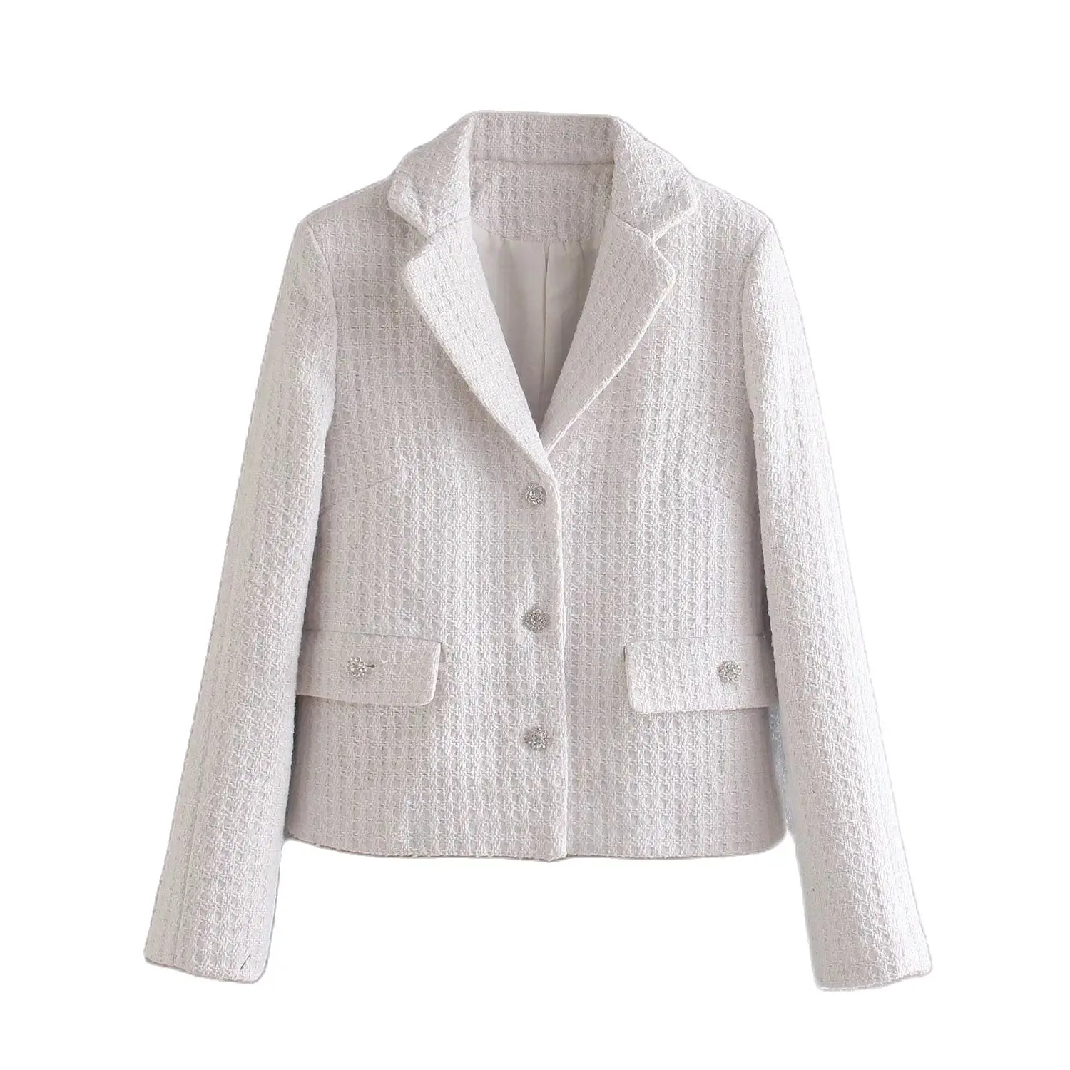 

Модный женский текстурированный белый блейзер Clazzaa с искусственными драгоценными камнями, воротник с лацканами, шикарный Женский блейзер с...