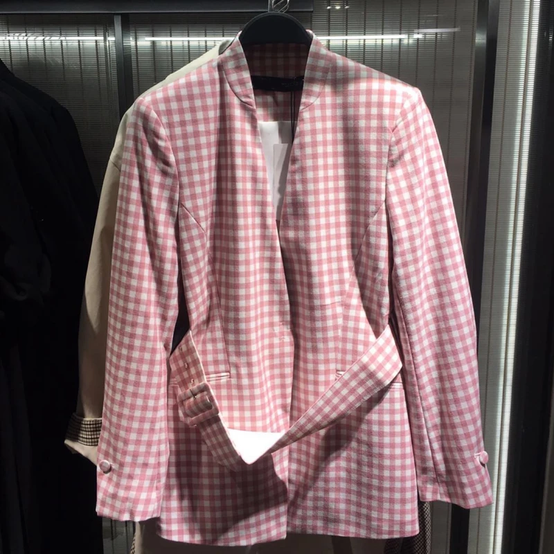 Женский винтажный офисный костюм из двух предметов розовый клетчатый брючный с