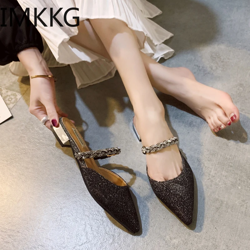 Мюли женские с заостренным носком ПУ кожа шлепанцы низкий каблук хрустальные