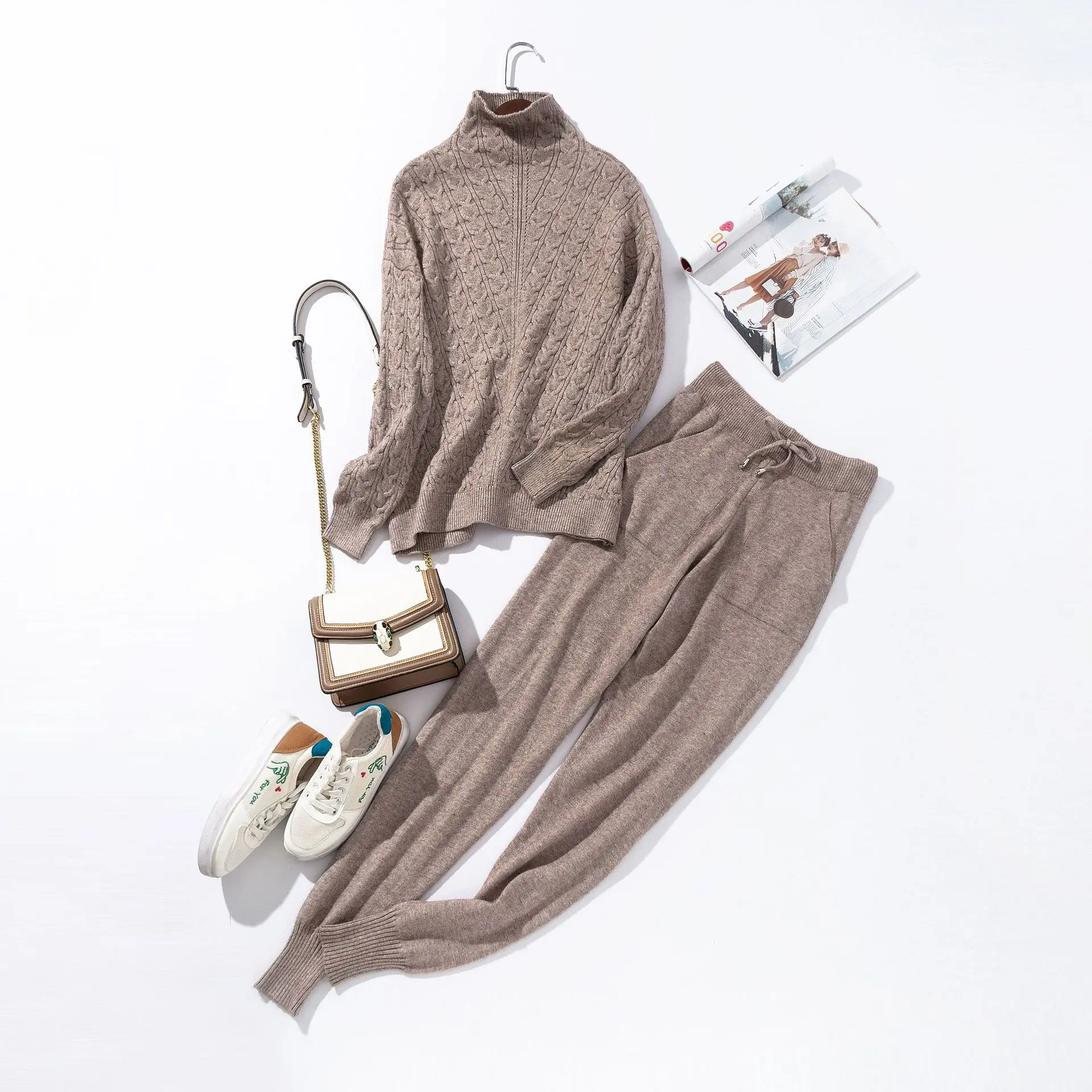 D00944 khaki Twisted женский свитер Костюмы и наборы Водолазка с длинным рукавом трикотажные свитера+ карманы длинные брюки 2 шт наборы Зимний костюм - Цвет: D00944 khaki