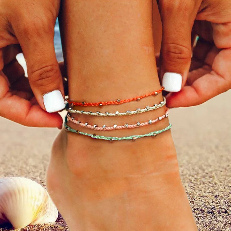 

Creative Color Waterproof Wax Thread Braided Anklet Alloy Faceted Bead Wax Thread Mixed Anklet Creative Braided Anklet