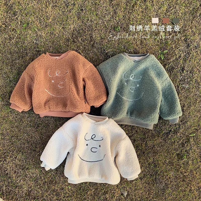 Детский костюм на зиму 2019 флисовый комплект из двух овечьей шерсти с вышитыми