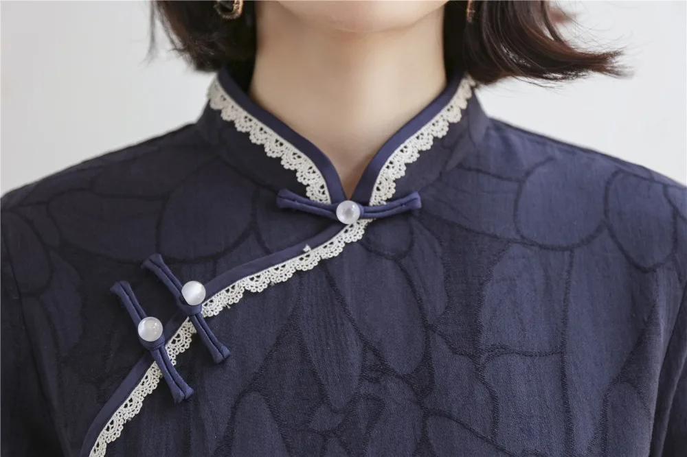Шанхай история Половина рукава по колено cheongsam платье хлопок лен Винтаж Ципао китайское платье китайский стиль платье для женщин