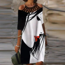 Fashion Retro Printing Women Dress Sexy V-Neck Short Sleeve Loose Beach Homewear Dress Summer Casual Comfy Female Model Dress (3)