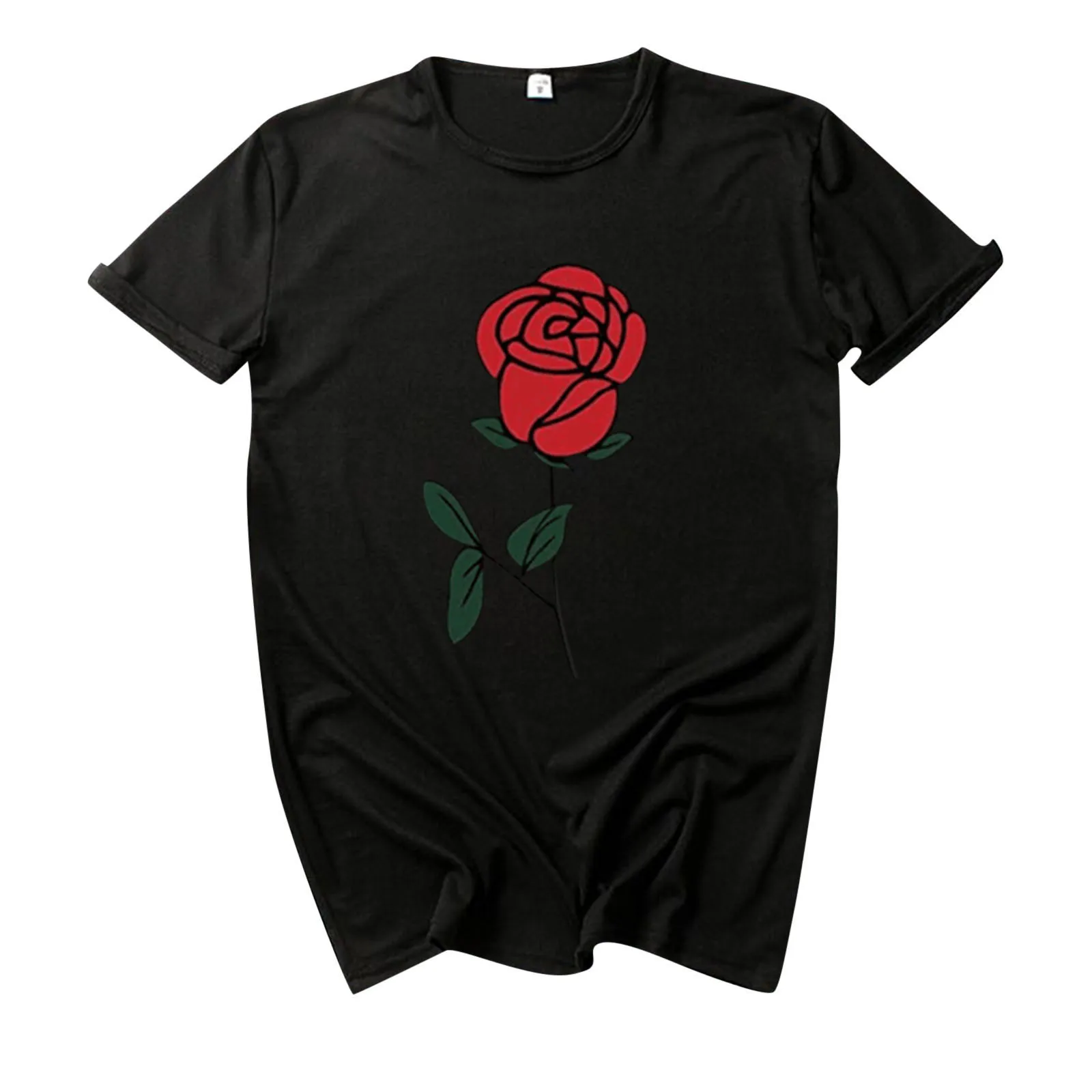 

Women's Spring And Summer Fashion Plant Rose Flower Print Blouses Round Neck Short Sleeve Shirt Top Valentine's Day Gift