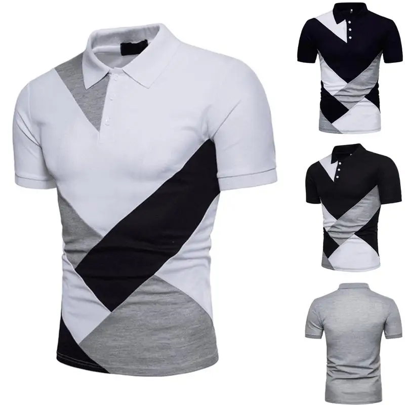 

Color Stitching Tee Mens Turn Down Collar Geometry Pattern Tops Summer Male Short Sleeve T Shirts