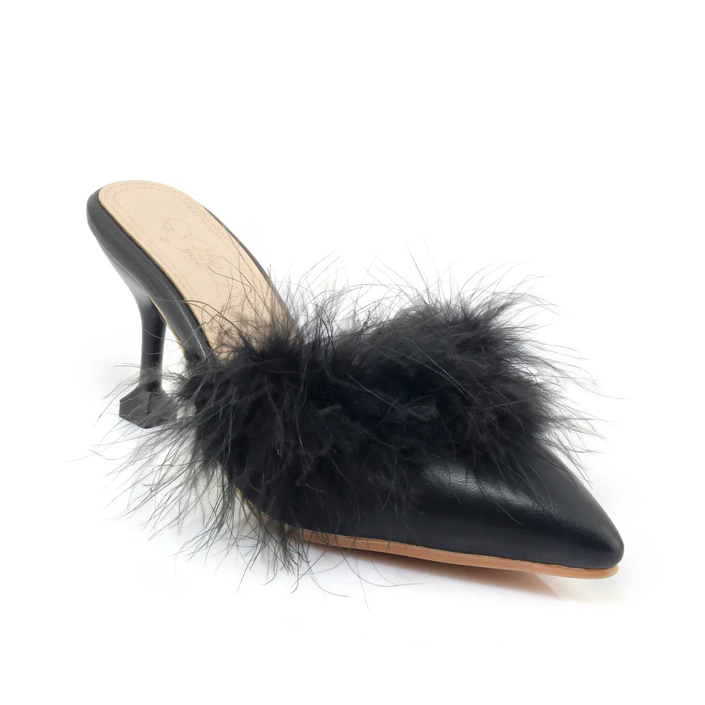 

Thin Heels Low Shoes Med Woman's Slippers Slides Pointed Toe 2020 Cover Rome PU Rubber Basic Fabric Hoof Low Shoes Woman 2020