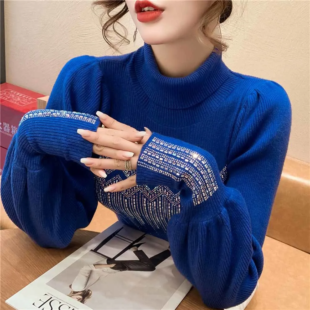 

2022 Winter Lantern sleeve Thick warm Turtleneck Knitted Pullover Women Diamonds European New Sweater Top