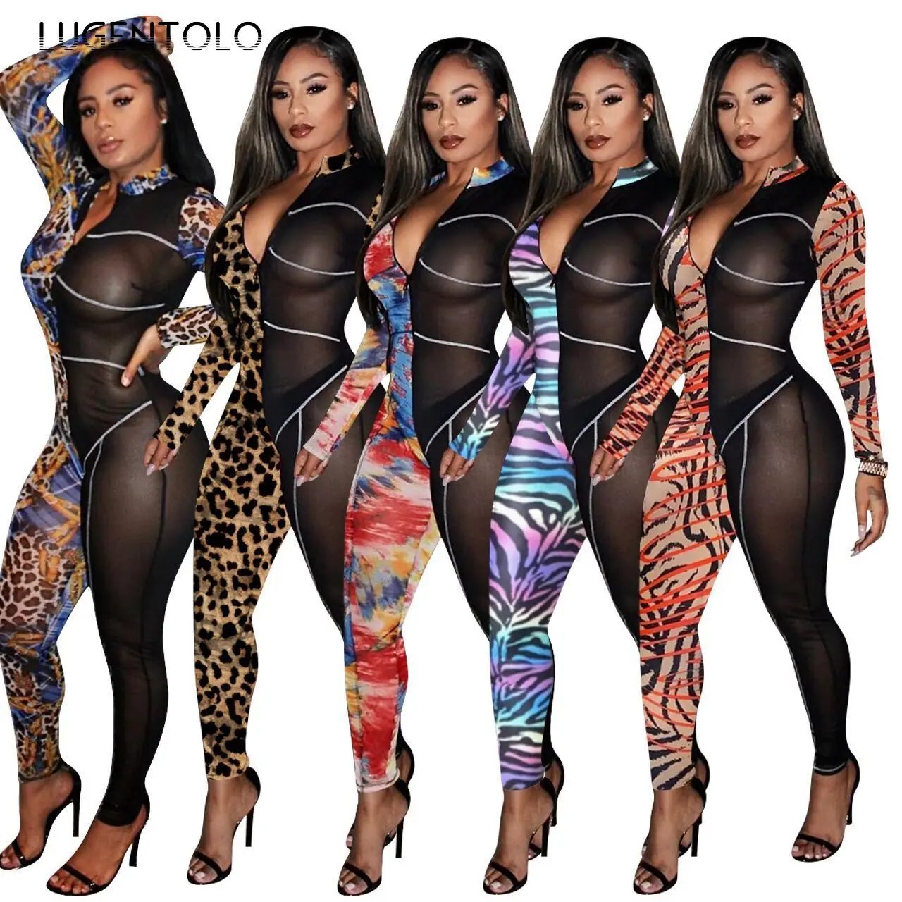 

Lugentolo Women's Jumpsuit Sexy Tight Printing Summer Mesh Zipper Slim Splicing Long Sleeve Female Long Jumpsuits