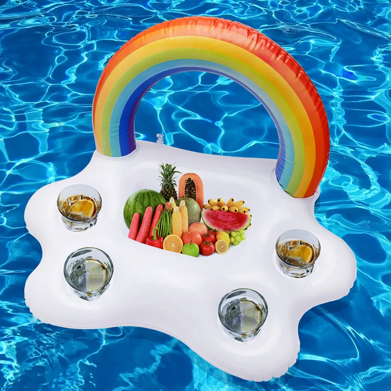 

Inflatable Pool Float Beer Drinking Cooler Table Bar Tray Beach Swimming Ring Summer Pool Party Bucket Rainbow Cloud Cup Holder