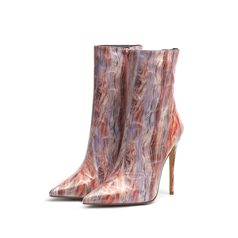 

European Patent Leather short boots, high heels, side zipper ankle boots, women's shoes, large size pointed metal thin high