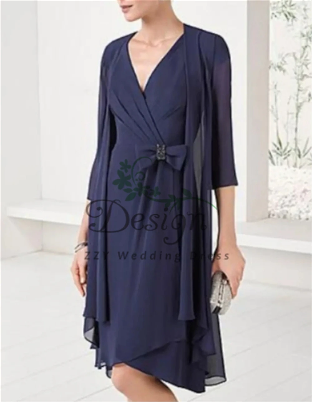 

Simple Sheath Navy Blue Chiffon Half Jacket Knee-Length Custom-Made Short Wedding Guest Dresses Plus Size Dresses For Wedding