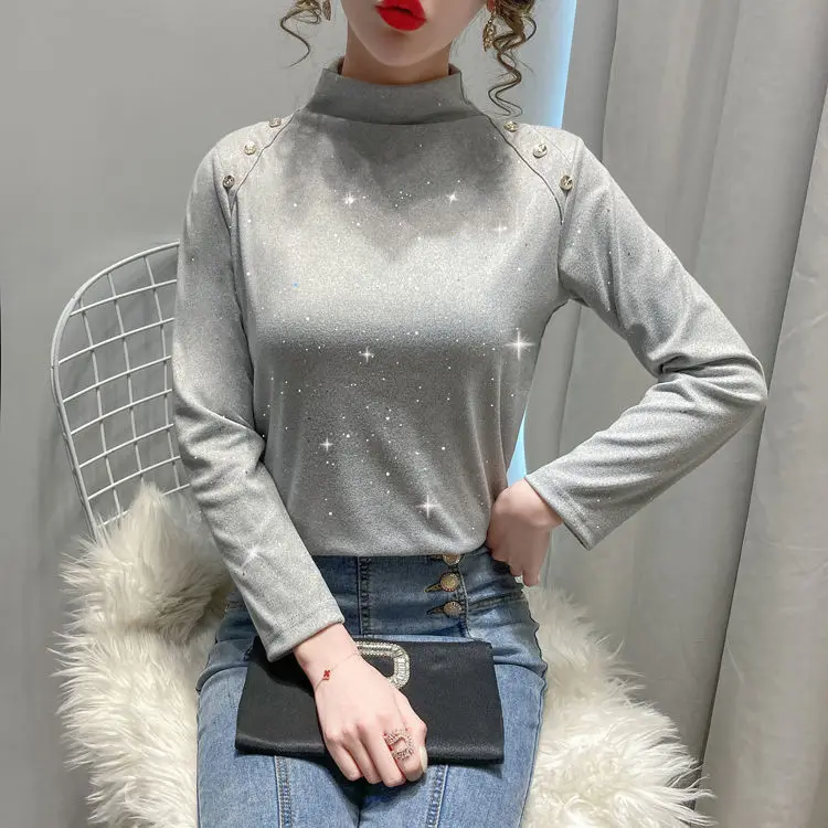 

Women's T-shirt Pullover Half High Collar Long Sleeves Bling Sequin Fabric Tops Wholesale Autumn New Fashion Female Clothing