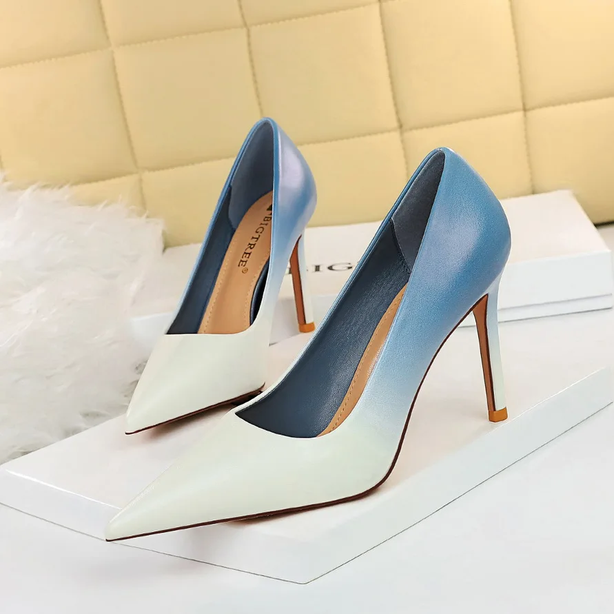 

BIGTREE Women 9.5cm High Heels Plus Size 43 Scarpin Pumps Lady Fetish Gradient Blue Heels Fashion Wedding Bridal Stripper Shoes