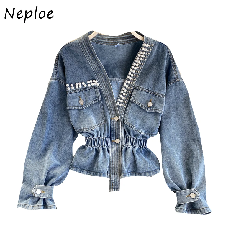 

Neploe Elegant Beading Design Slim Fit Denim Jacket Women V Neck Pullover Puff Long Sleeve Coat Femme Spring 2021 New Elegant