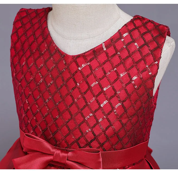 

2019 Girls dress Sequined satin wedding elegant flower dress children bow dress baby children Party dress