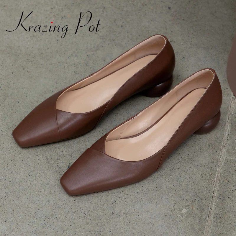 

Krazing Pot genuine leather square toe med heel special design beauty lady streetwear slip on simple style solid women pumps L59