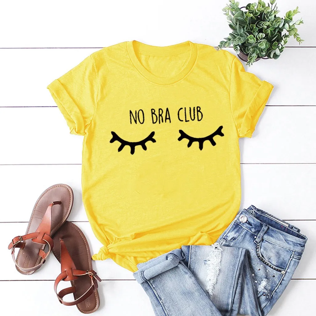 No Bra Club Letter Print T-shirt Women Multicolor Large Size Loose Fashion Tops Summer Casual Short Sleeved T Shirt Wild | Женская