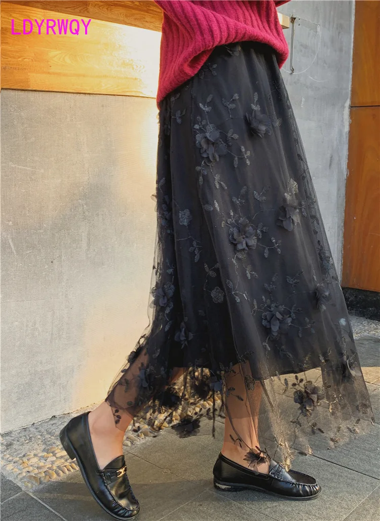 

LDYRWQY 2021 new summer Korean edition embroidered tie-in gauze slimming temperament fashion skirt Polyester Office Lady