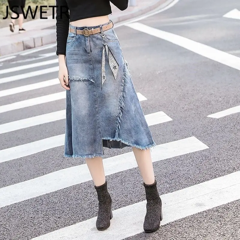 

Spring and summer denim skirt women's irregular A-line bag hip skirt medium length high waist big size