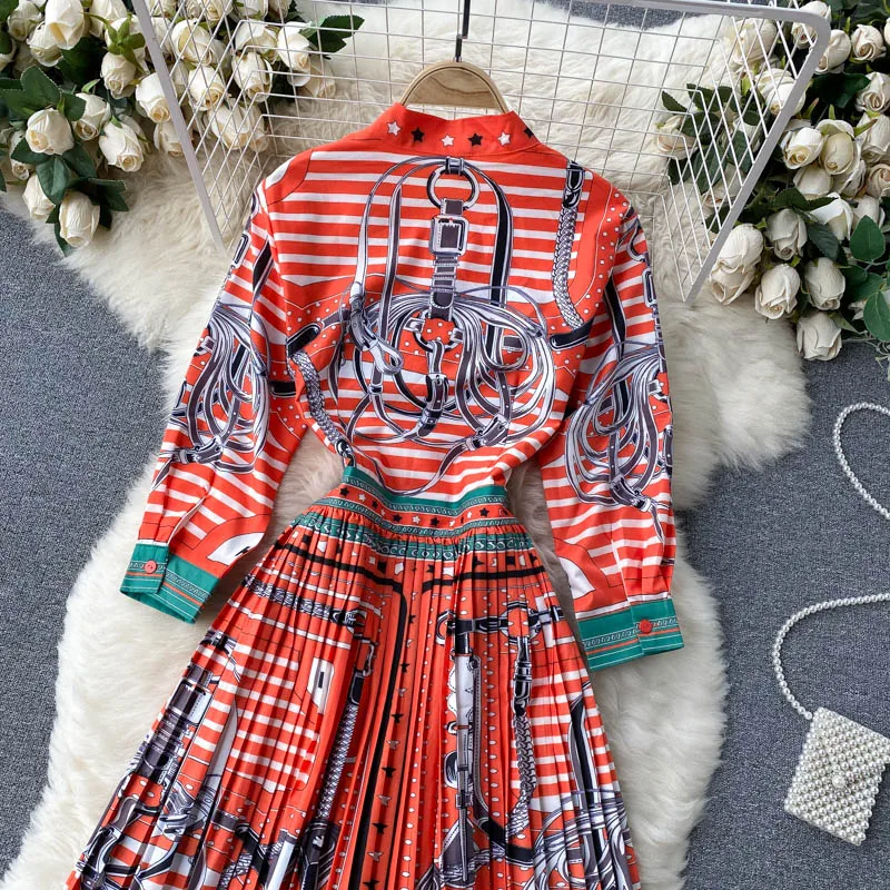 

M-2XL2021 early spring new high-end women's design sense printing heavy industry pleated mid-length ladies dress