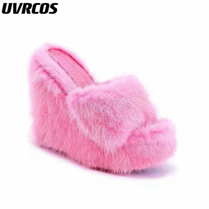 

Женские меховые шлепанцы, на танкетке и высоком каблуке, модные уличные универсальные тапки из хлопка, осень 2022