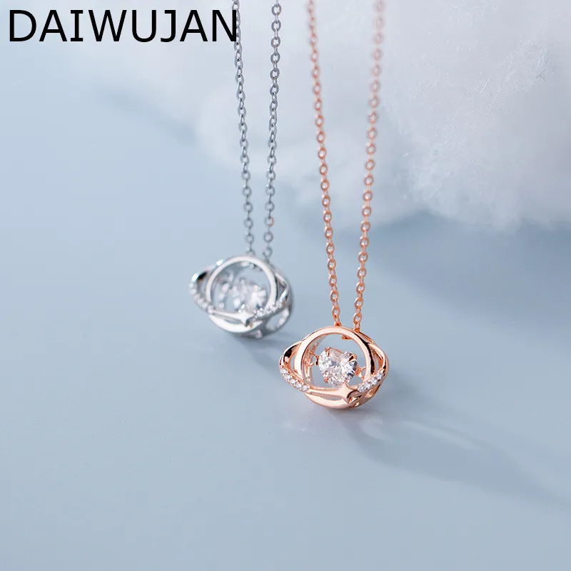 

DAIWUJAN 100% 925 пробы серебряные полые вселенные ожерелья с изящным сердцем кристаллами планета ключицы ожерелья цепи для женщин