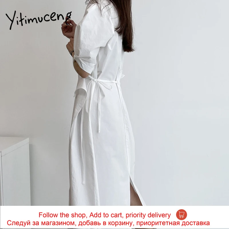 

Yitimuceng Ruffles Dresses for Women Lace Up Puff Sleeve Elastic Waist Khaki White Black 2021 Summer Korean Fashion New Dress