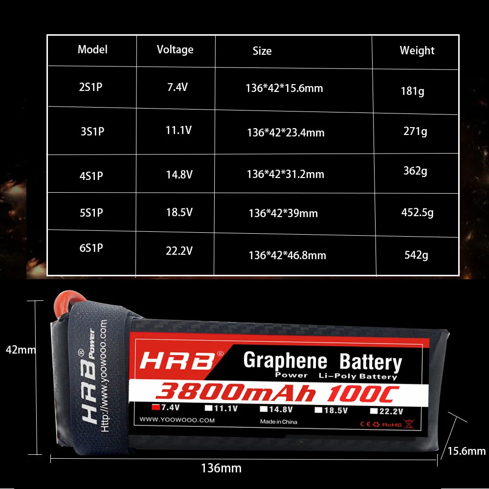 hrb rc lipo battery 2s 3s 3800 6s 148 мач 120c графен 74 в 111 в 222 в 185