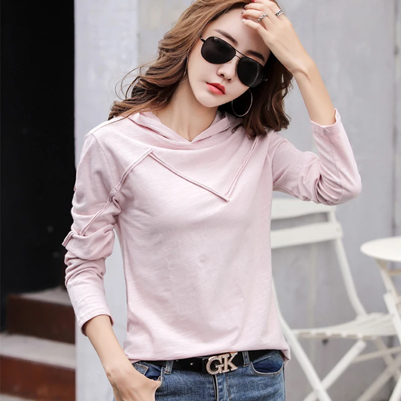 Женская хлопковая футболка с капюшоном розовая или синяя Однотонная длинным